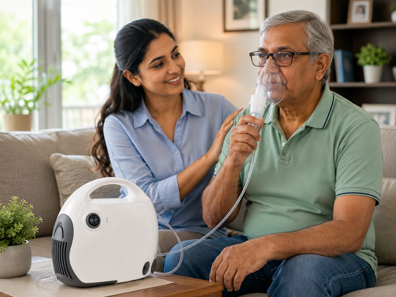 Caregiver assisting an elderly man using a compressor nebuliser at home