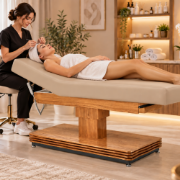 Picture of HT Basic Height Adjustable Oak Spa Table With Back Rest